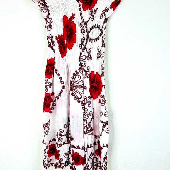 Strapless Smocked Dress White Pink Floral Boho Beach Cover-Up Small 27.5” Length - Picture 3 of 9